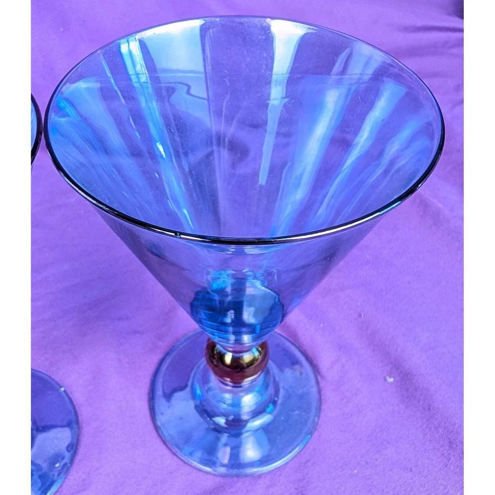 2 Vintage Italian Si-An Wine Cocktail Martini Glass - Blue/Amber Ball Stem 6